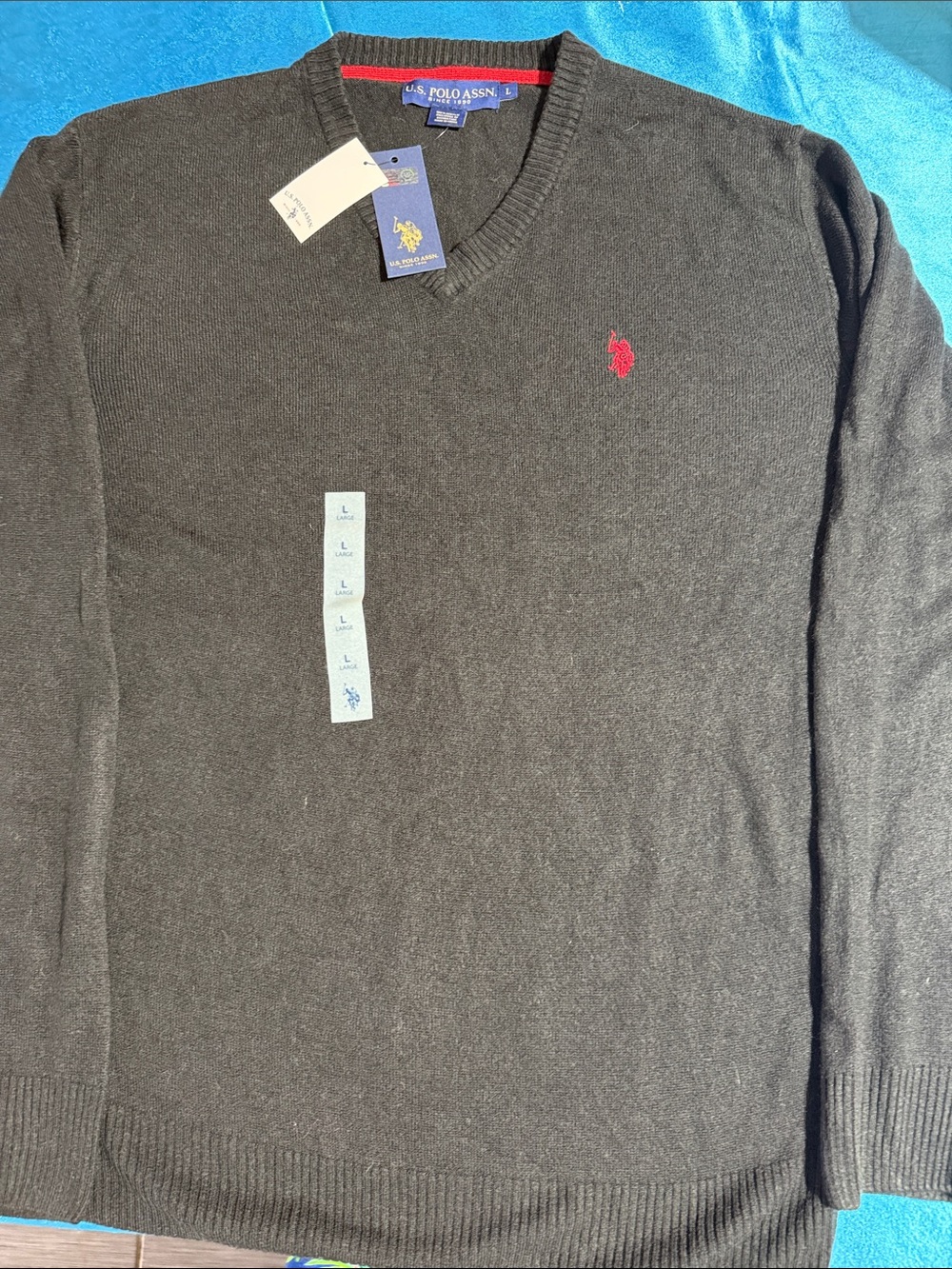 U.S. Polo Assn. Men's Charcoal V-Neck Sweater with Red Logo